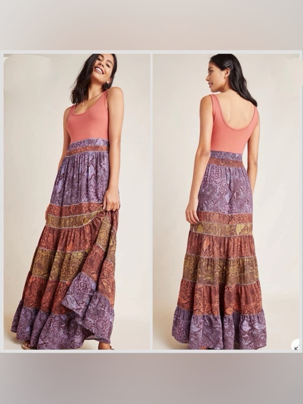 By Anthropologie size XS Boho Tiered Maxi Dress in Coral and Purple snake print